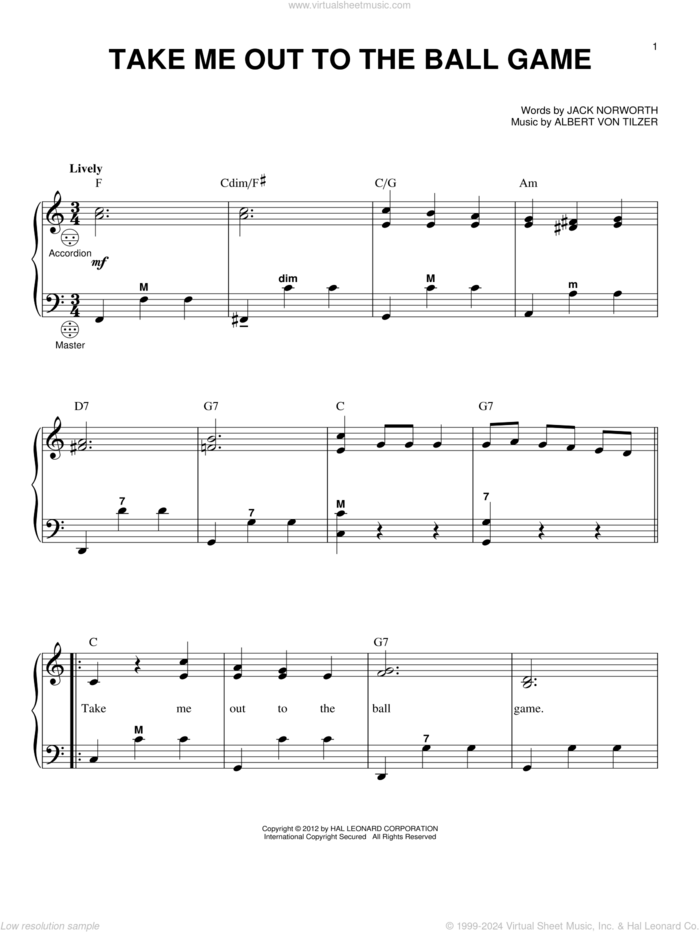 Take Me Out To The Ball Game (arr. Gary Meisner) sheet music for accordion by Gary Meisner, Albert von Tilzer and Jack Norworth, intermediate skill level