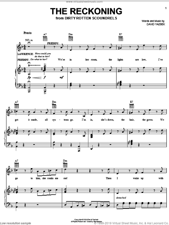 The Reckoning sheet music for voice, piano or guitar by David Yazbek and Dirty Rotten Scoundrels (Musical), intermediate skill level