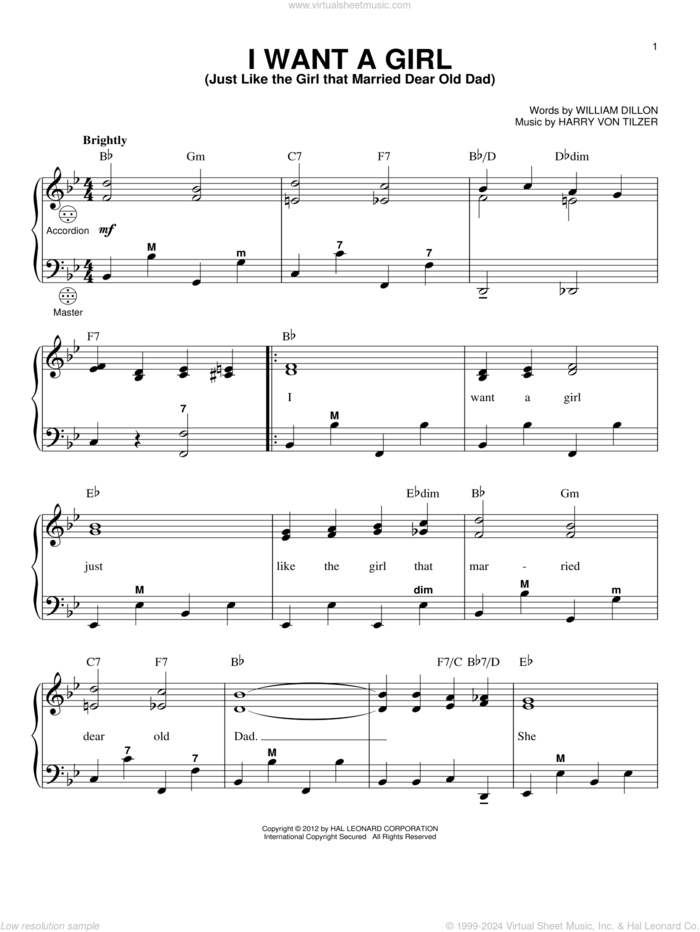 I Want A Girl (Just Like The Girl That Married Dear Old Dad) (arr. Gary Meisner) sheet music for accordion by Gary Meisner, Harry von Tilzer and William Dillon, intermediate skill level