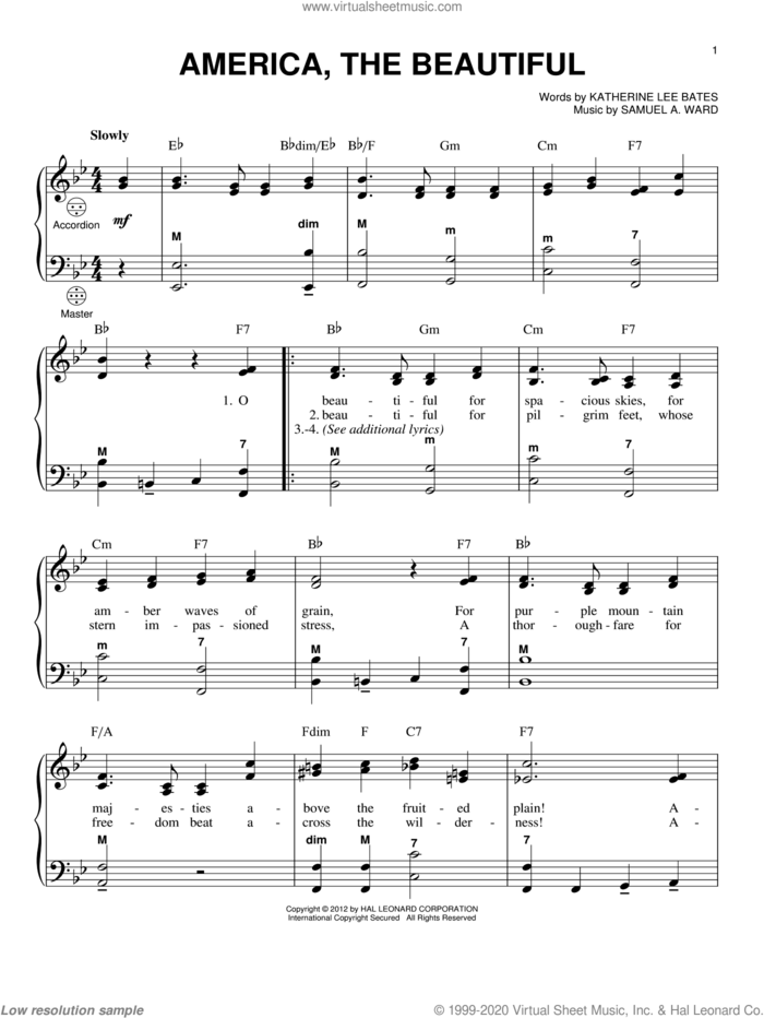 America, The Beautiful sheet music for accordion by Gary Meisner, Katherine Lee Bates and Samuel Augustus Ward, intermediate skill level