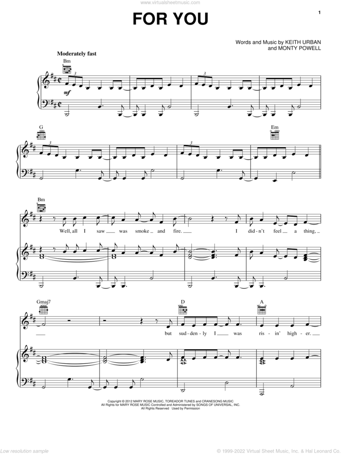 For You sheet music for voice, piano or guitar by Keith Urban and Monty Powell, intermediate skill level