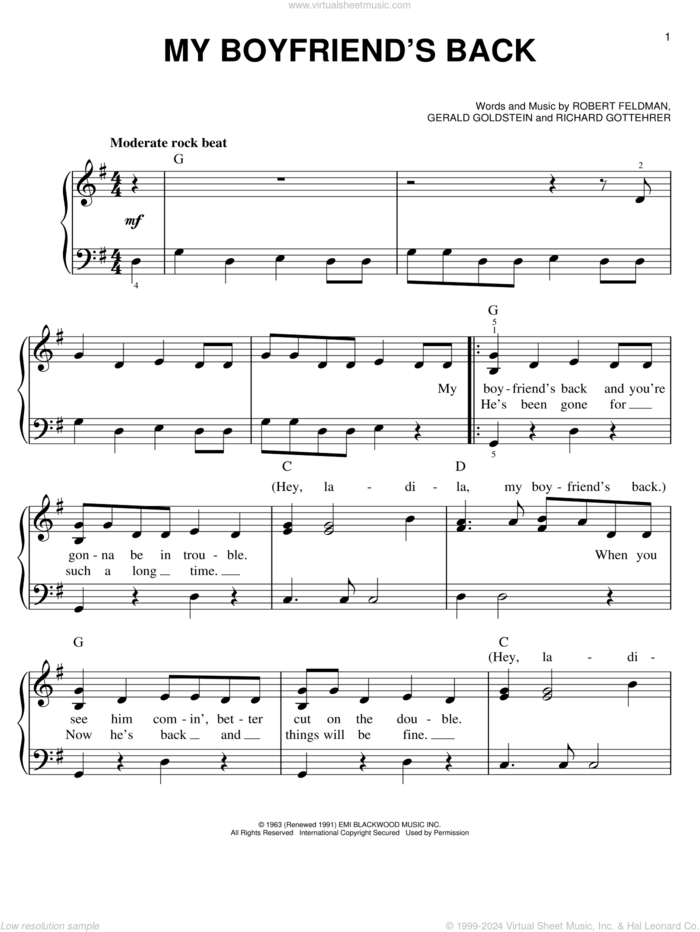 My Boyfriend's Back sheet music for piano solo by The Angels, Bobby Comstock, Gerald Goldstein, Richard Gottehrer and Robert Feldman, easy skill level