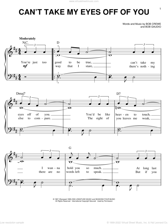 Can't Take My Eyes Off Of You (from Jersey Boys) sheet music for piano solo by Frankie Valli & The Four Seasons, Bob Crewe, Bob Gaudio, Frankie Valli and The Four Seasons, wedding score, easy skill level
