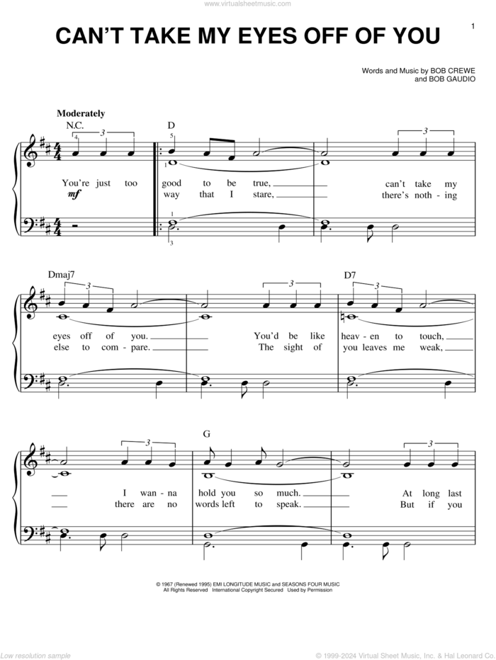 Can't Take My Eyes Off Of You (from Jersey Boys) sheet music for piano solo by Frankie Valli & The Four Seasons, Bob Crewe, Bob Gaudio, Frankie Valli and The Four Seasons, wedding score, easy skill level