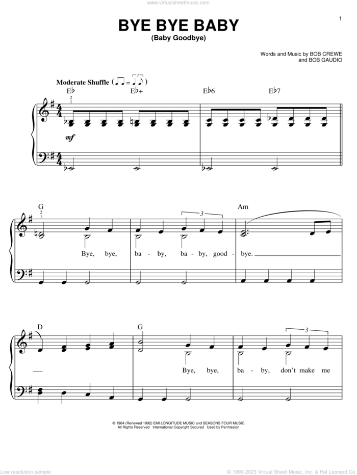 Bye Bye Baby (Baby Goodbye) sheet music for piano solo by The Four Seasons, Bob Crewe and Bob Gaudio, easy skill level