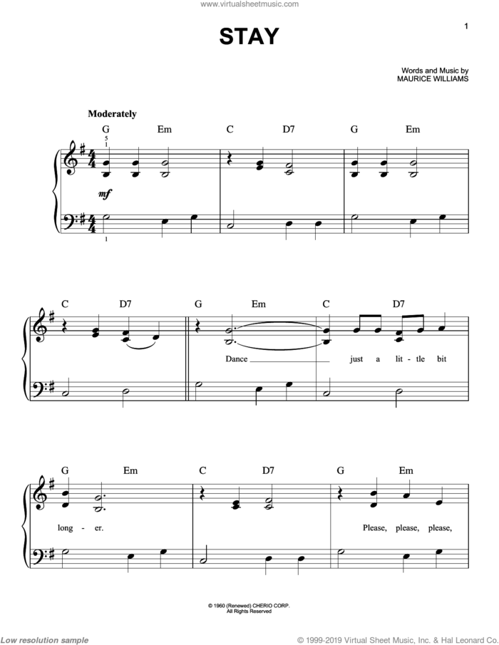Stay sheet music for piano solo by The Four Seasons, Maurice Williams and Maurice Williams & The Zodiacs, easy skill level