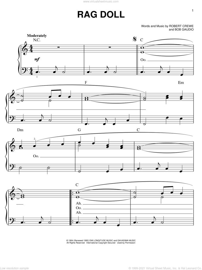 Rag Doll sheet music for piano solo by The Four Seasons, Bob Crewe and Bob Gaudio, easy skill level