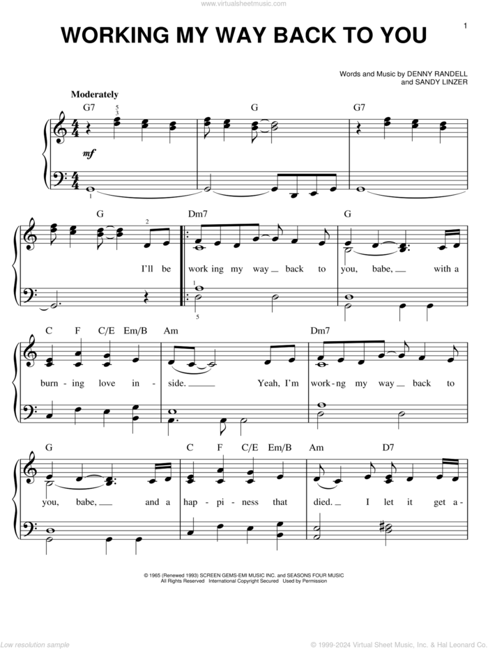 Working My Way Back To You sheet music for piano solo by The Four Seasons, Denny Randell, Sandy Linzer and Spinners, easy skill level