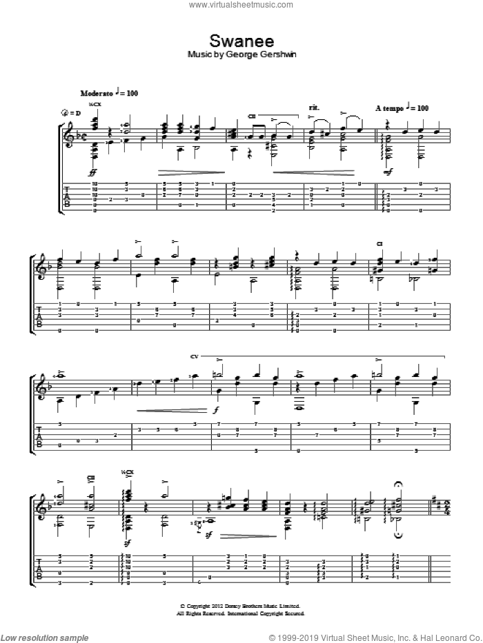 Swanee sheet music for guitar solo (chords) by Jerry Willard and George Gershwin, easy guitar (chords)