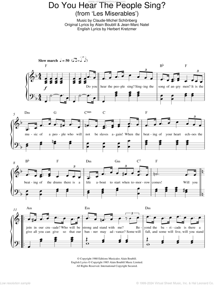 Do You Hear The People Sing? (from Les Miserables), (easy) sheet music for piano solo by Claude-Michel Schonberg, Alain Boublil, Herbert Kretzmer and Jean-Marc Natel, easy skill level