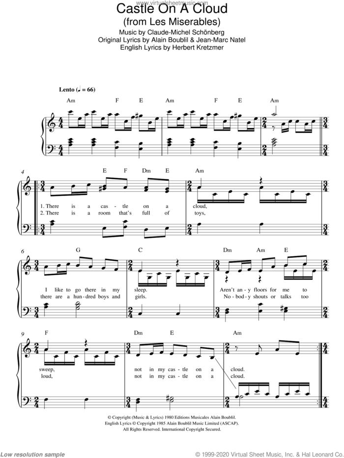 Castle On A Cloud (from Les Miserables) sheet music for piano solo by Claude-Michel Schonberg, Alain Boublil, Herbert Kretzmer and Jean-Marc Natel, easy skill level