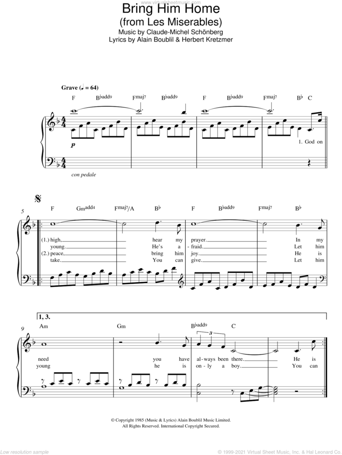 Bring Him Home (from Les Miserables) sheet music for piano solo by Claude-Michel Schonberg, Alain Boublil and Herbert Kretzmer, easy skill level