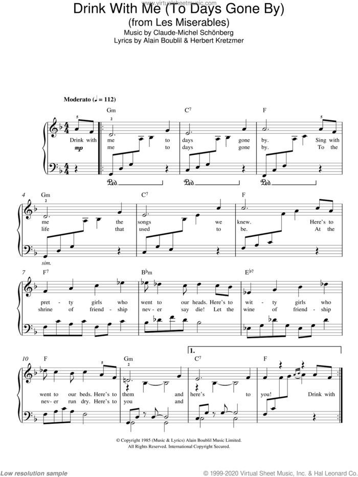 Drink With Me (To Days Gone By) (from Les Miserables) sheet music for piano solo by Claude-Michel Schonberg, Alain Boublil and Herbert Kretzmer, easy skill level