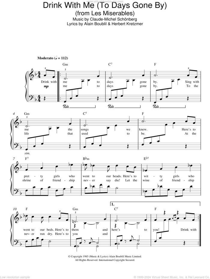 Drink With Me (To Days Gone By) (from Les Miserables) sheet music for piano solo by Claude-Michel Schonberg, Alain Boublil and Herbert Kretzmer, easy skill level