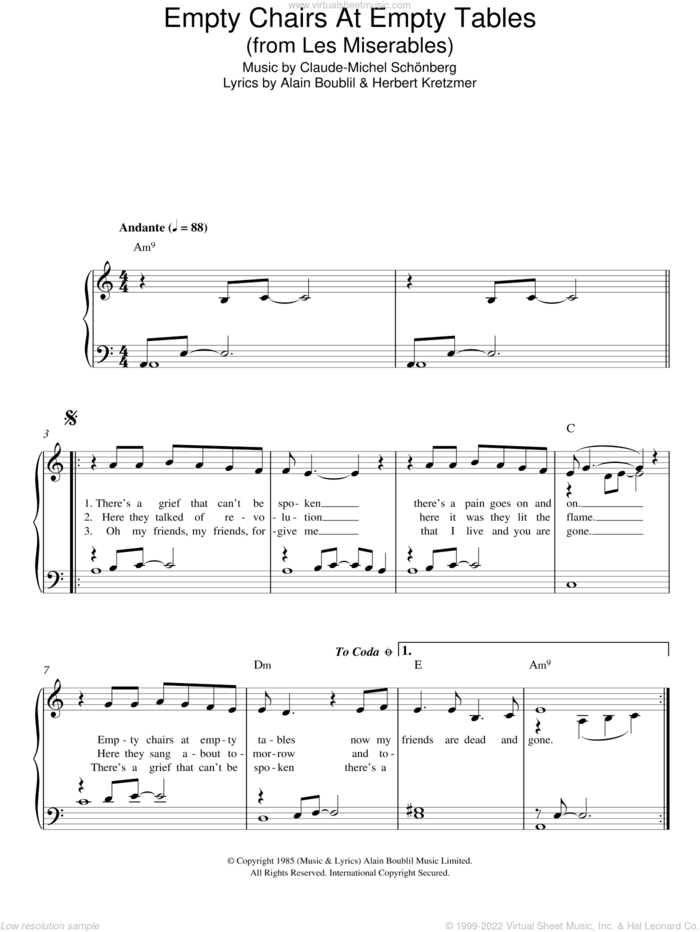 Empty Chairs At Empty Tables (from Les Miserables) sheet music for piano solo by Claude-Michel Schonberg, Alain Boublil and Herbert Kretzmer, easy skill level