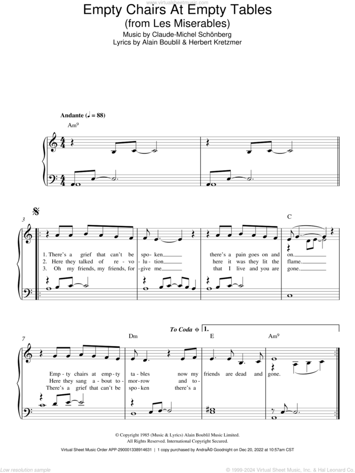 Empty Chairs At Empty Tables (from Les Miserables) sheet music for piano solo by Claude-Michel Schonberg, Alain Boublil and Herbert Kretzmer, easy skill level