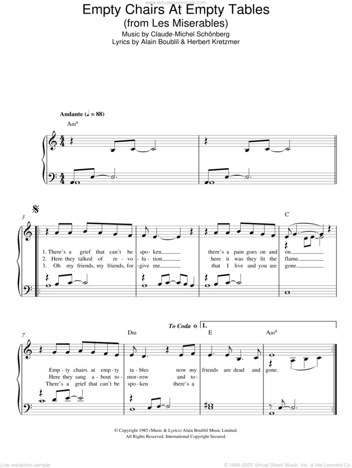 Empty Chairs At Empty Tables (from Les Miserables) sheet music for piano solo by Claude-Michel Schonberg, Alain Boublil and Herbert Kretzmer, easy skill level