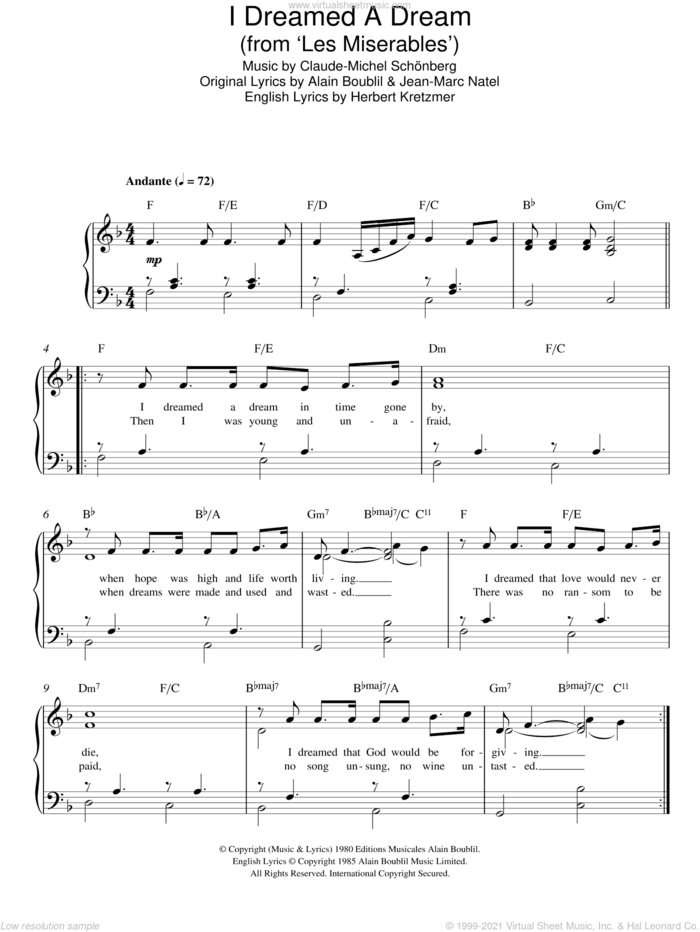 I Dreamed A Dream (from Les Miserables) sheet music for piano solo by Claude-Michel Schonberg, Alain Boublil, Herbert Kretzmer and Jean-Marc Natel, easy skill level