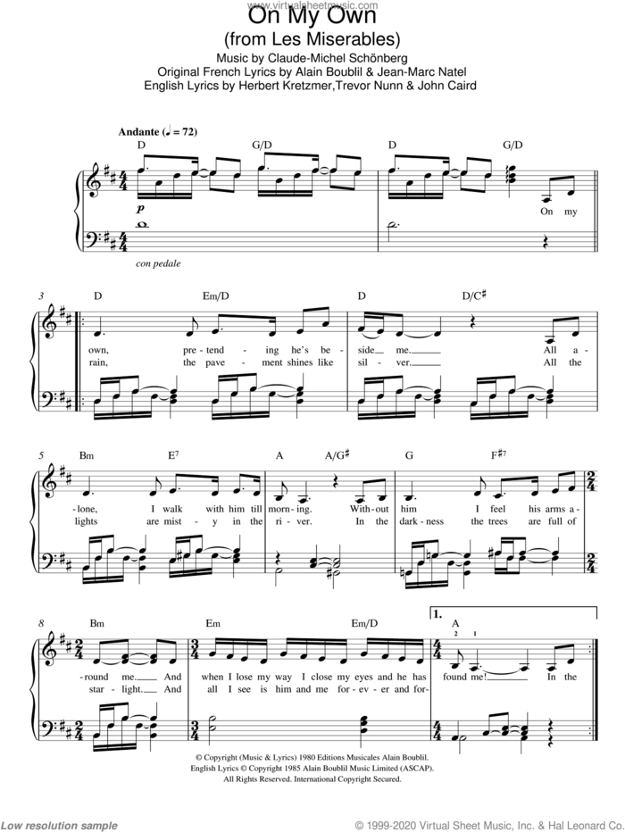 On My Own (from Les Miserables), (easy) sheet music for piano solo by Claude-Michel Schonberg, Alain Boublil, Herbert Kretzmer, Jean-Marc Natel, John Caird and Trevor Nunn, easy skill level