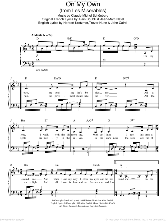 On My Own (from Les Miserables), (easy) sheet music for piano solo by Claude-Michel Schonberg, Alain Boublil, Herbert Kretzmer, Jean-Marc Natel, John Caird and Trevor Nunn, easy skill level