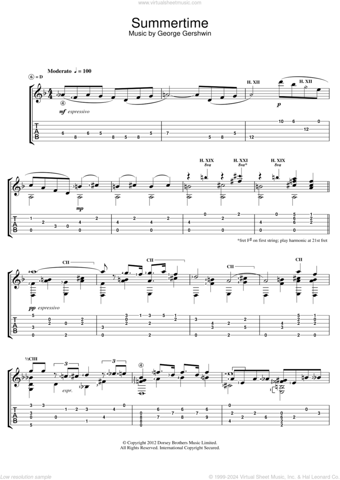 Summertime sheet music for guitar solo by Jerry Willard and George Gershwin, intermediate skill level