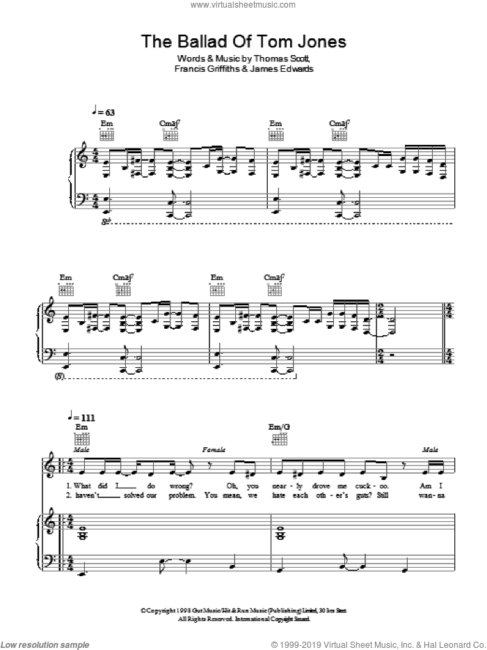 The Ballad Of Tom Jones sheet music for voice, piano or guitar by Cerys Matthews And Space, Cerys Matthews & Space, Francis Griffiths, James Edwards, Miscellaneous and Thomas Scott, intermediate skill level