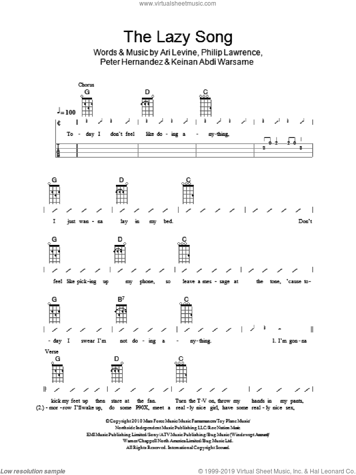 The Lazy Song sheet music for ukulele (chords) by The Ukuleles, Ari Levine, Keinan Abdi Warsame, Peter Hernandez and Philip Lawrence, intermediate skill level