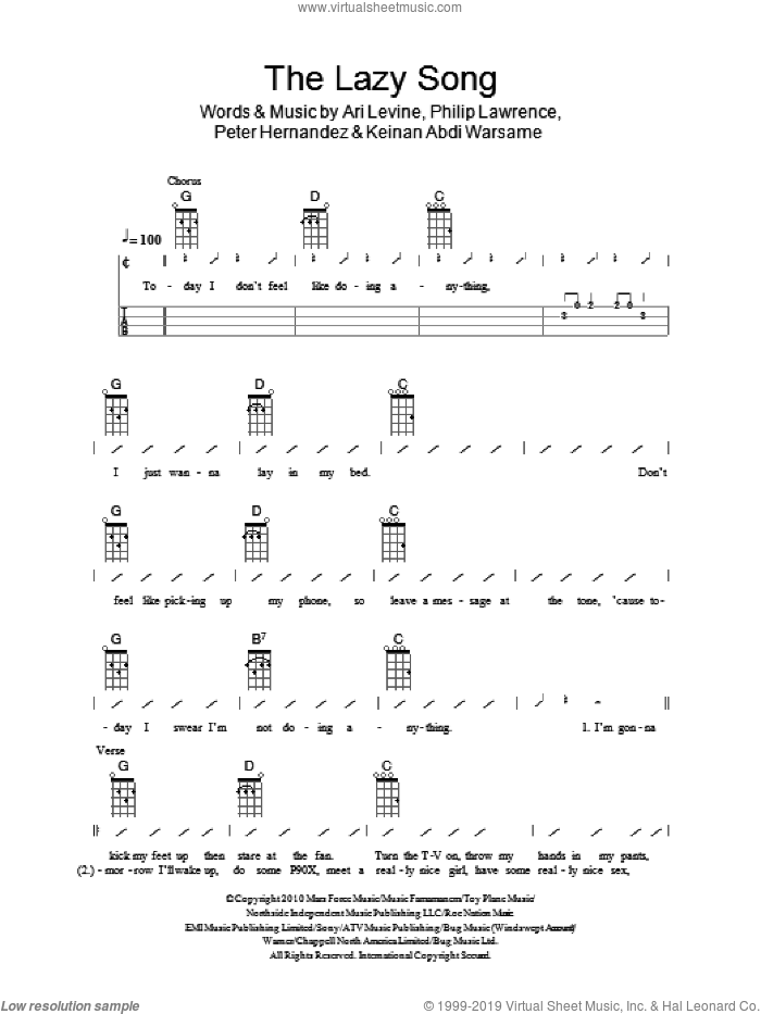 Ukuleles - The Lazy Song sheet music for ukulele (chords) (PDF)