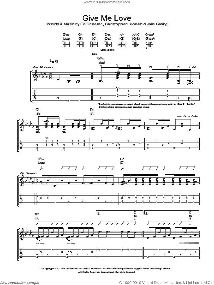Give Me Love sheet music for guitar (tablature) by Ed Sheeran, Christopher Leonard and Jake Gosling, intermediate skill level