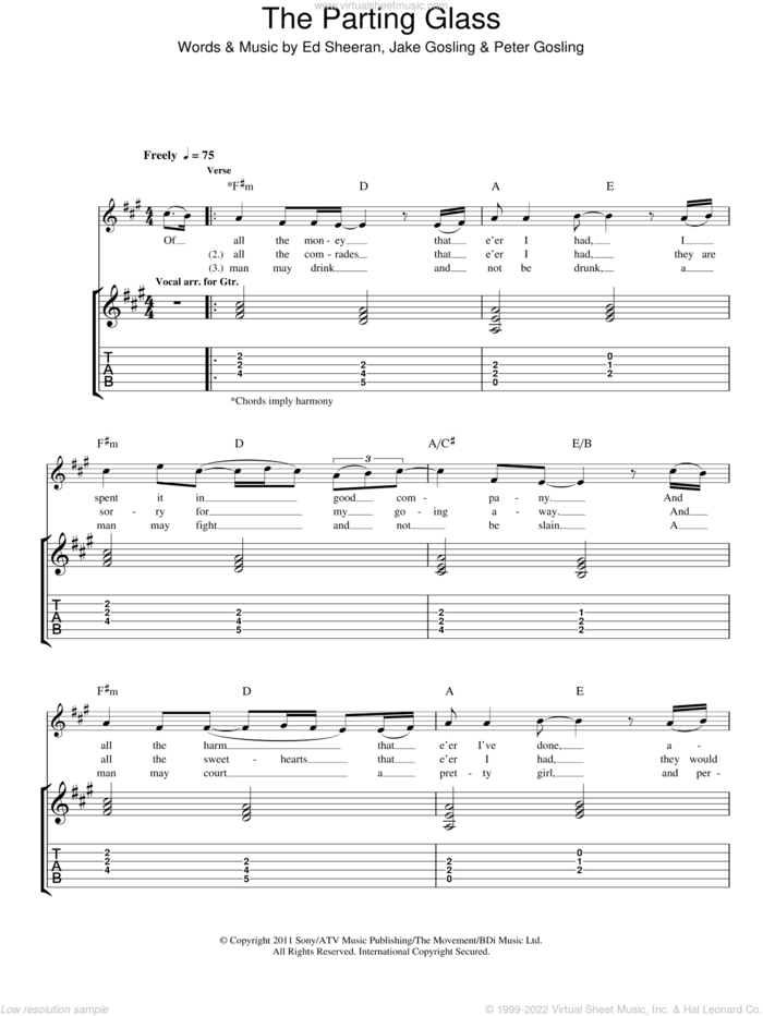 The Parting Glass sheet music for guitar (tablature) by Ed Sheeran, Jake Gosling and Peter Gosling, intermediate skill level