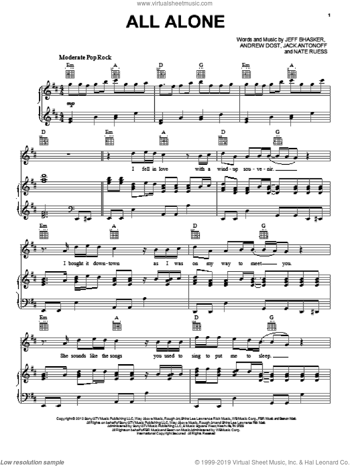 All Alone sheet music for voice, piano or guitar by Fun, intermediate skill level