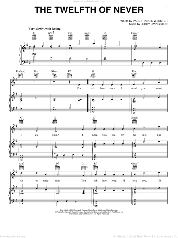 The Twelfth Of Never sheet music for voice, piano or guitar by Johnny Mathis, Donny Osmond, Jerry Livingston and Paul Francis Webster, intermediate skill level