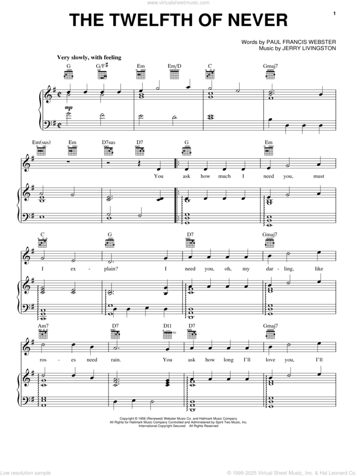 The Twelfth Of Never sheet music for voice, piano or guitar by Johnny Mathis, Donny Osmond, Jerry Livingston and Paul Francis Webster, intermediate skill level