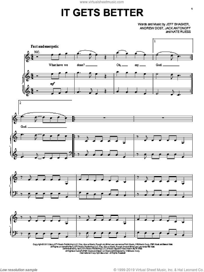 It Gets Better sheet music for voice, piano or guitar by Fun, intermediate skill level
