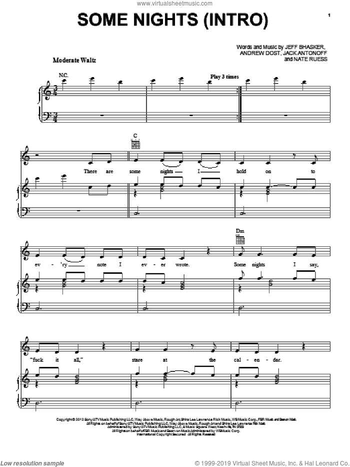 Some Nights (Intro) sheet music for voice, piano or guitar by Fun, intermediate skill level