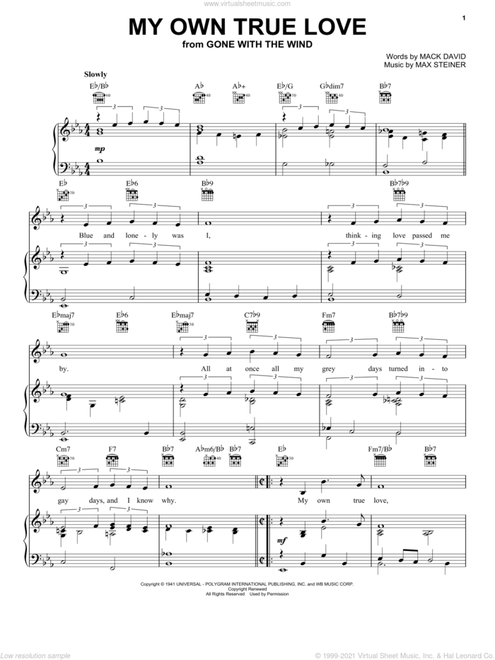 My Own True Love sheet music for voice, piano or guitar by Max Steiner and Mack David, intermediate skill level