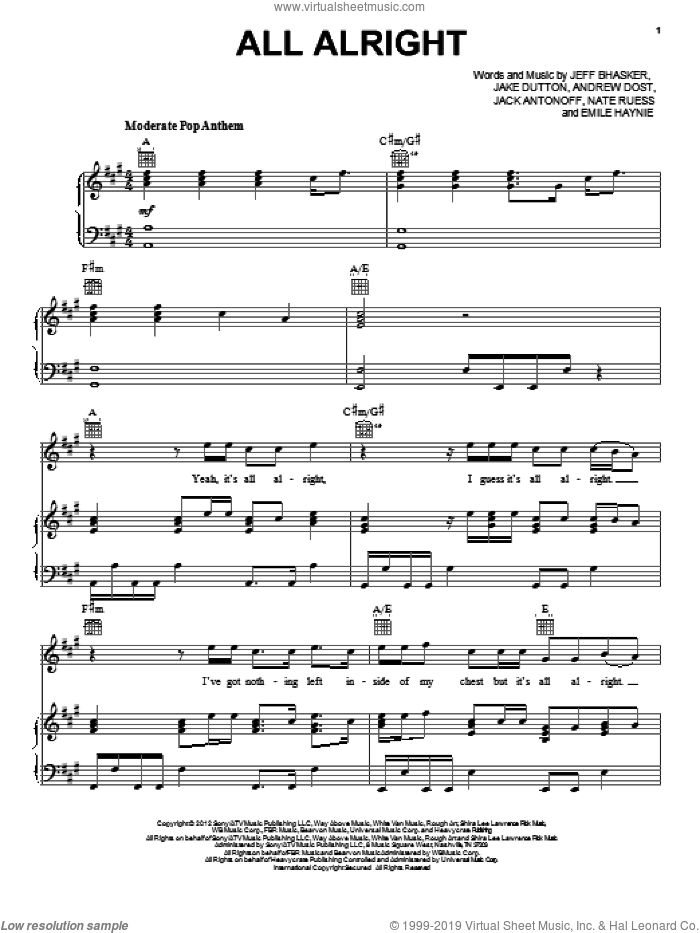 All Alright sheet music for voice, piano or guitar by Fun, intermediate skill level