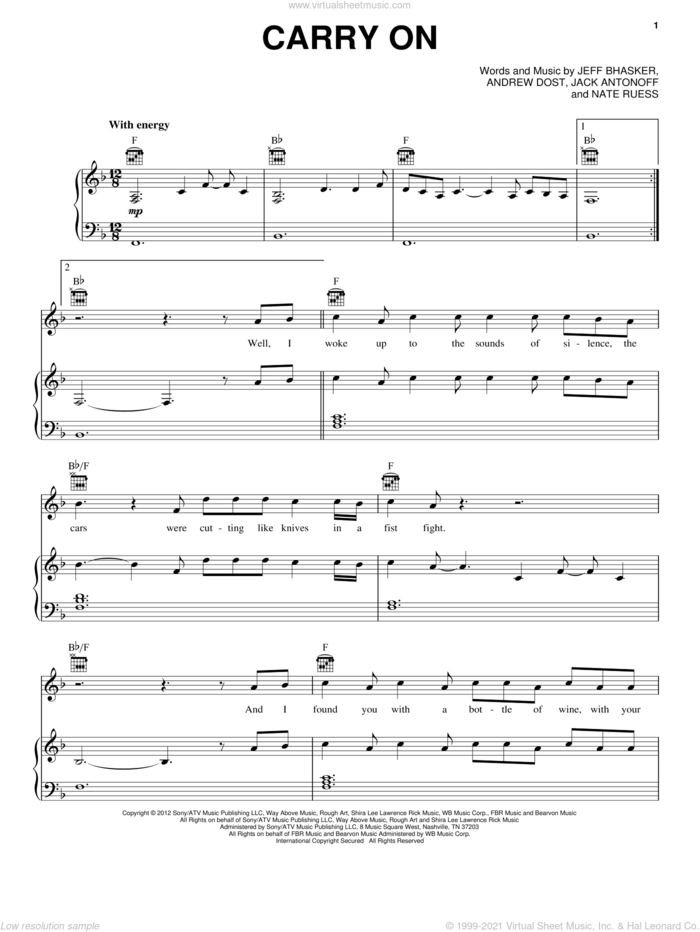 Carry On sheet music for voice, piano or guitar by Fun, intermediate skill level