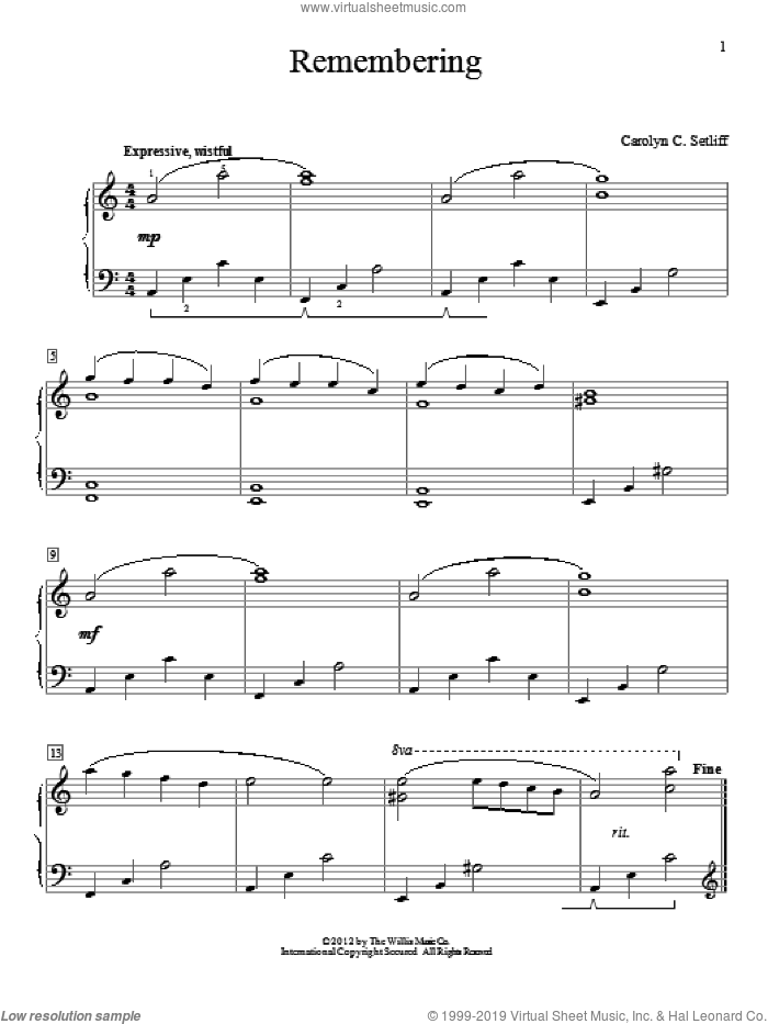 Remembering sheet music for piano solo (elementary) by Carolyn C. Setliff, beginner piano (elementary)