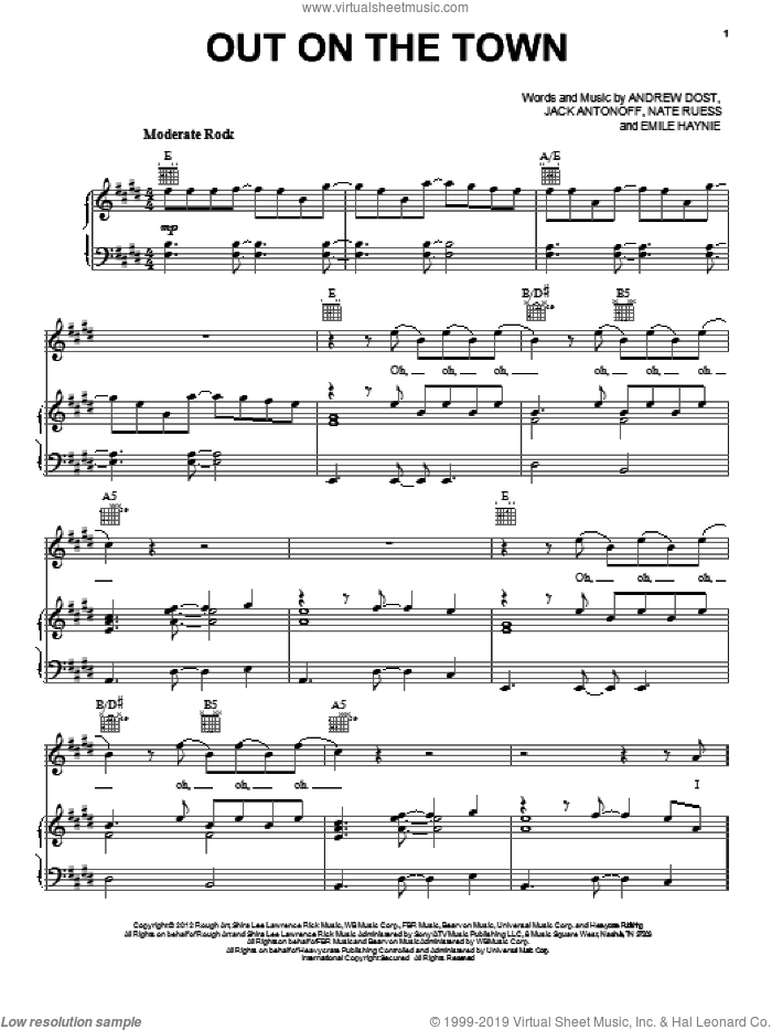 Out On The Town sheet music for voice, piano or guitar by Fun, intermediate skill level