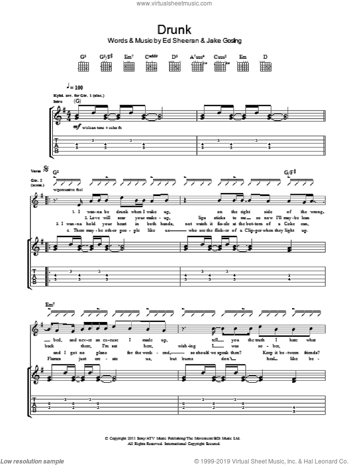 Drunk sheet music for guitar (tablature) by Ed Sheeran and Jake Gosling, intermediate skill level