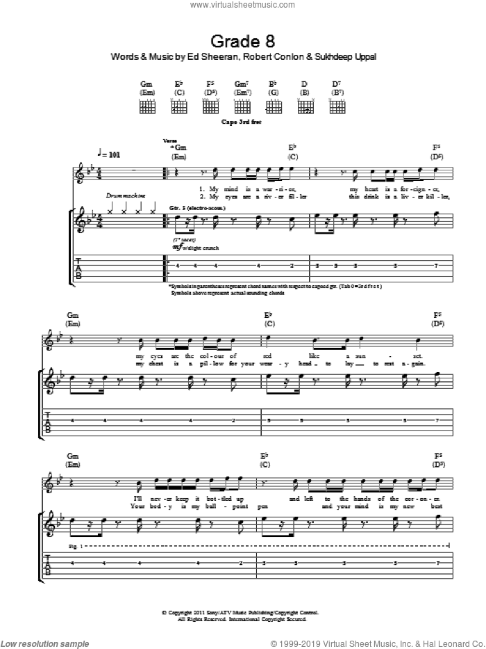 Grade 8 sheet music for guitar (tablature) by Ed Sheeran, Robert Conlon and Sukhdeep Uppal, intermediate skill level