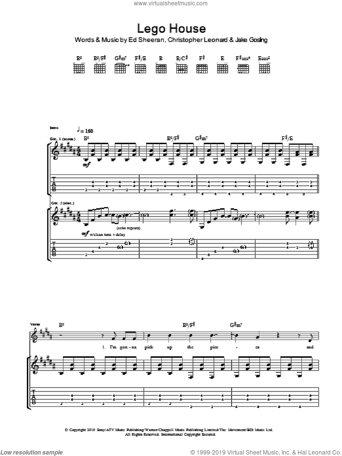 Lego House sheet music for guitar (tablature) by Ed Sheeran, Christopher Leonard and Jake Gosling, intermediate skill level