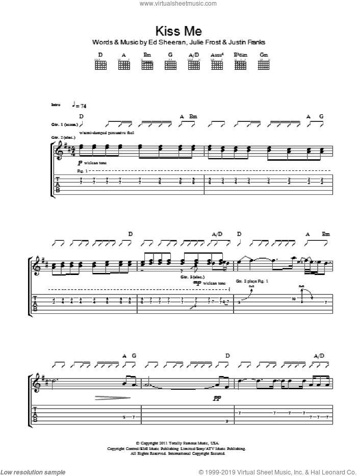 Kiss Me sheet music for guitar (tablature) by Ed Sheeran, Julie Frost and Justin Franks, intermediate skill level