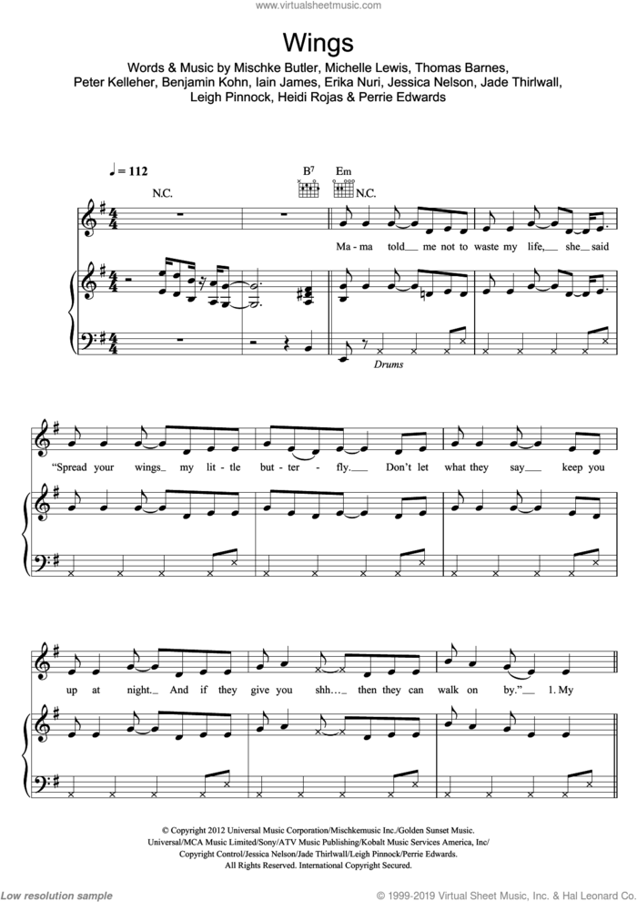 Wings sheet music for voice, piano or guitar by Little Mix, Benjamin Kohn, Erika Nuri, Heidi Rojas, Iain James, Jade Thirlwall, Jessica Nelson, Leigh Pinnock, Michelle Lewis, Mischke Butler, Perrie Edwards, Peter Kelleher and Thomas Barnes, intermediate skill level