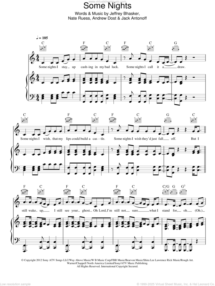 Some Nights sheet music for voice, piano or guitar by Fun, Andrew Dost, Jack Antonoff, Jeffrey Bhasker and Nate Ruess, intermediate skill level