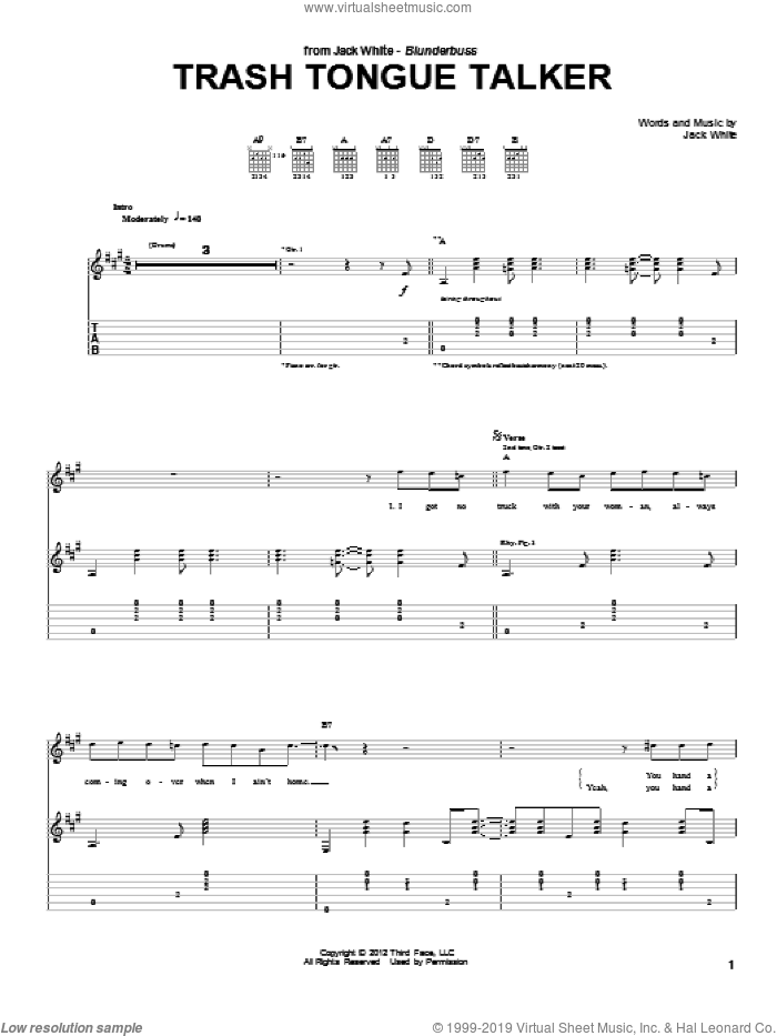 Trash Tongue Talker sheet music for guitar (tablature) by Jack White, intermediate skill level