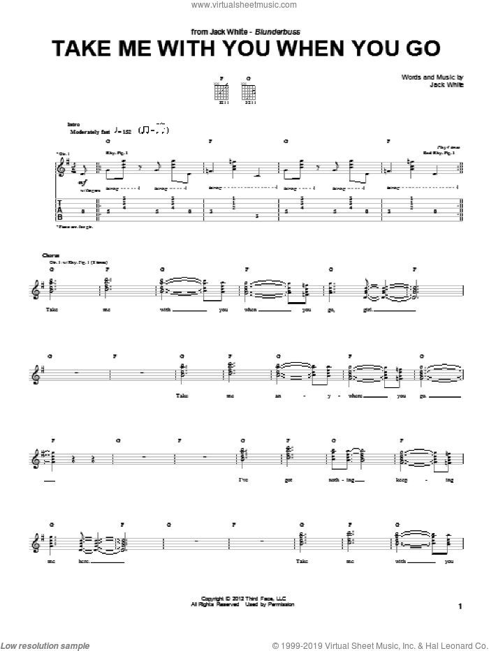 Take Me With You When You Go sheet music for guitar (tablature) by Jack White, intermediate skill level