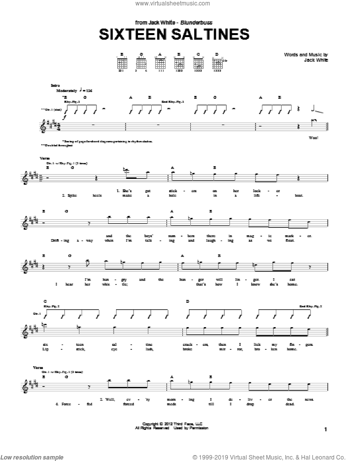 Sixteen Saltines sheet music for guitar (tablature) by Jack White, intermediate skill level