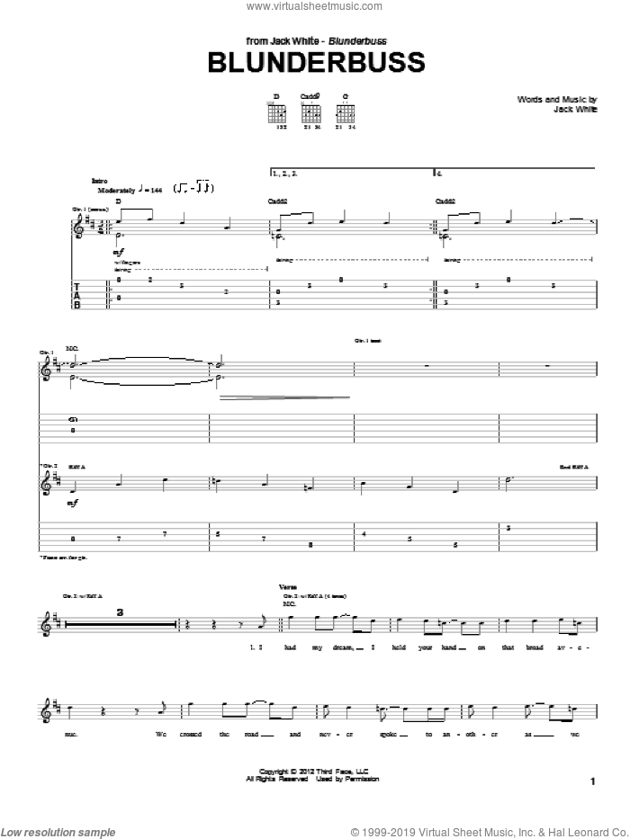 Blunderbuss sheet music for guitar (tablature) by Jack White, intermediate skill level